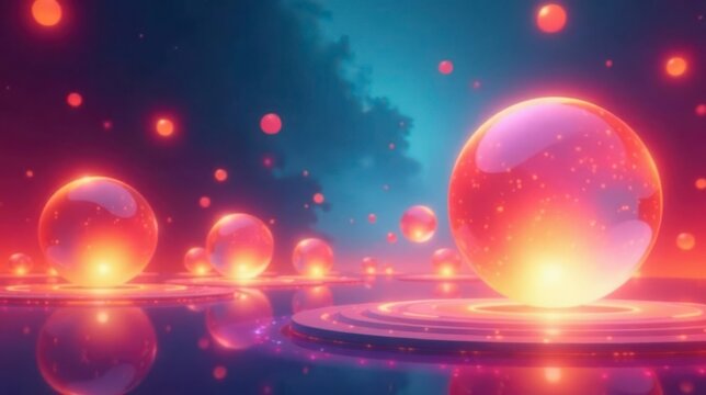 Enchanted Luminescent Spheres Floating on a Serene Reflective Surface in a Dreamlike Setting