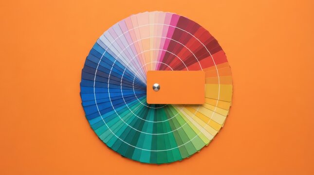 Color palette guide with a fan of various shades arranged in a circle on an orange background