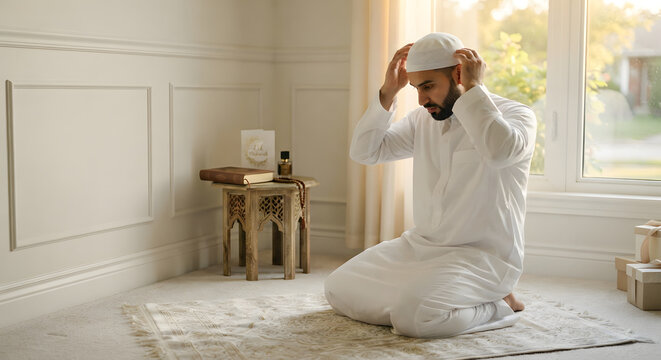 Muslim Man Wearing White Traditional Clothing and Prayer Cap Preparing for Islamic Prayer at Home