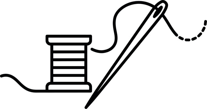 Needle and thread spool icon vector illustration, minimalist outline symbol for sewing tailoring craft and fashion design