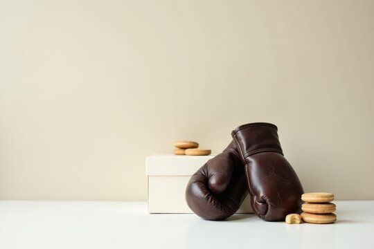 Vintage brown leather boxing gloves resting on a white box with a stack of cookies nearby on a minimalist background