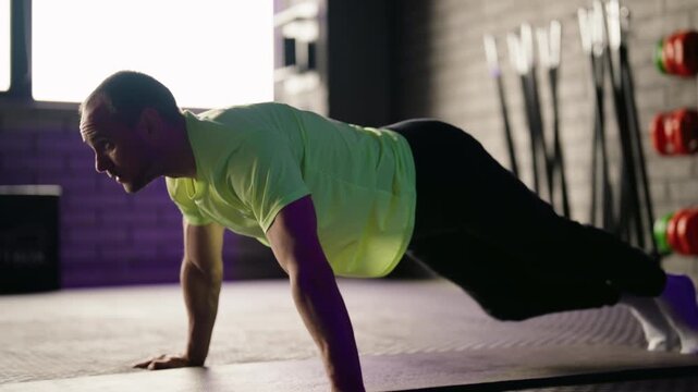 Athletic man performing push-ups and mountain climbers on a fitness mat in a modern gym. Muscular sportsman training his body strength and endurance during an intense workout session
