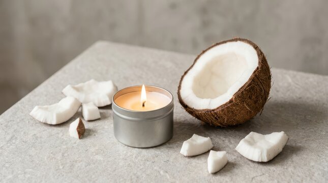 Aromatic coconut scented candle with fresh coconut pieces on a stone surface