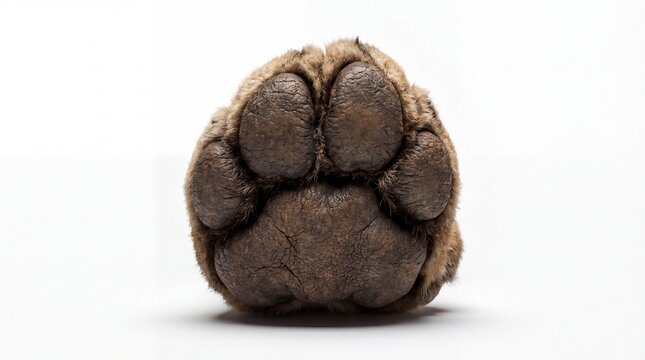 A detailed macro photograph of a large, textured animal paw pad isolated on a clean white.