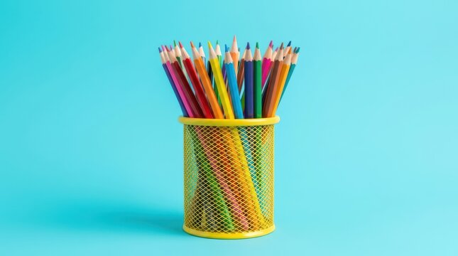 Colored pencils in a yellow wire mesh holder on a light blue background