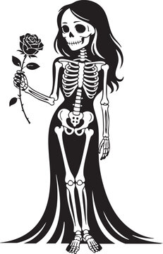 Elegant female skeleton character wearing a long flowing black dress holding a single rose in her hand isolated as a bold artistic vector graphic design piece for creative holiday projects