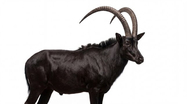 A majestic Sable antelope with long curved horns standing against a plain white studio background.
