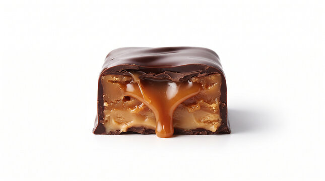 A decadent chocolate bar, cut in half, reveals a gooey caramel and nougat filling. The rich chocolate glaze glistens, with caramel oozing temptingly from the side