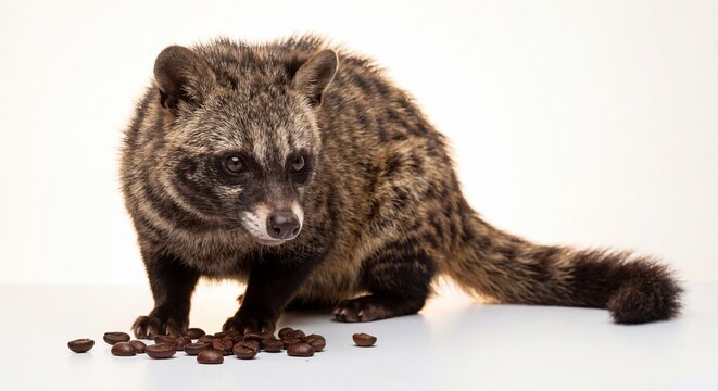 A small Asian palm civet standing near scattered roasted coffee beans on a plain white background.