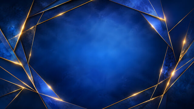 Luxury abstract blue background featuring a glowing deep-blue central space surrounded by intersecting geometric golden lines and luminous light accents. The combination of rich sapphire tones, metall
