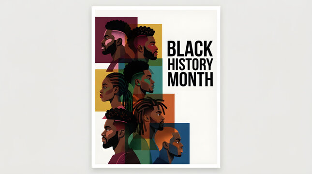 Conceptual vector poster for Black History Month featuring colorful overlapping silhouettes of Black men and women with text on a light background