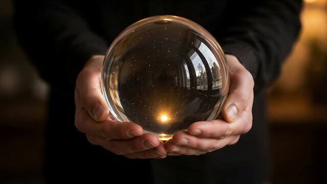 Person holding a glowing crystal ball in dark hands