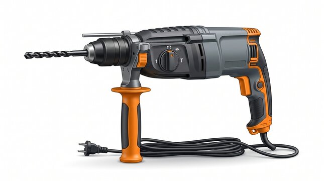 Orange and gray corded hammer drill with side handle and depth rod. Has twist drill bit, mode dial, and power cord for drilling wood, metal, and masonry.