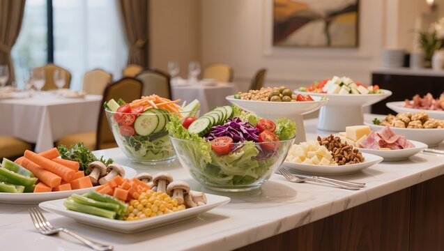 A fresh salad bar buffet spread with various vegetables, greens, cheeses, and cold cuts in a hotel restaurant, highlighting catering, hospitality, and healthy dining