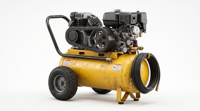 Yellow portable gas-powered air compressor on wheels. Features belt-driven pump, pressure gauges, tank, hose, and handle for powering pneumatic tools on job sites.