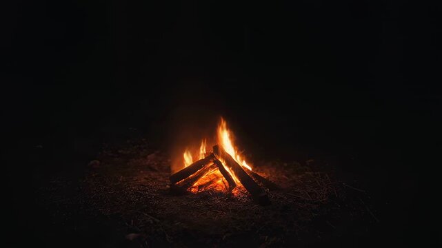 Nature - A cozy bonfire crackling in the dark night outdoors with bright flames burning wooden logs on the ground