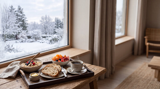 Cozy Winter Breakfast by a Snowy Window with Fresh Fruit and Coffee