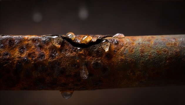 Extreme macro view of a severely corroded household metal pipe, tiny crack surrounded by thick rust releasing individual water droplets.
