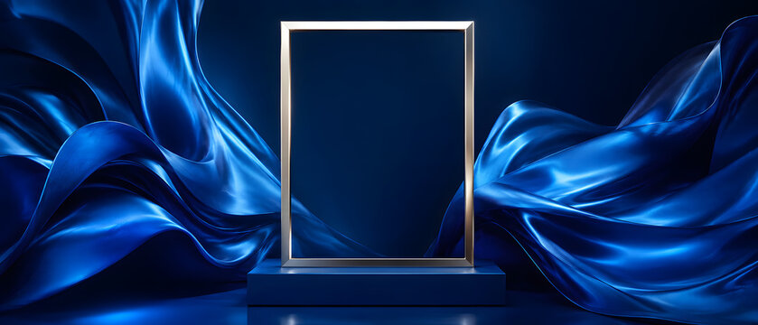 Luxury abstract blue background featuring flowing silky fabric waves surrounding an elegant empty rectangular frame. Deep royal blue and sapphire tones create a sophisticated, dramatic, and premium at