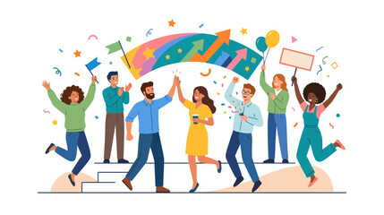 Fototapeta premium Diverse Team Celebrating Success with Balloons and Confetti on Transparent Background