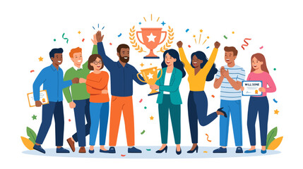 Obraz premium Diverse team celebrating success with trophy and confetti on transparent background