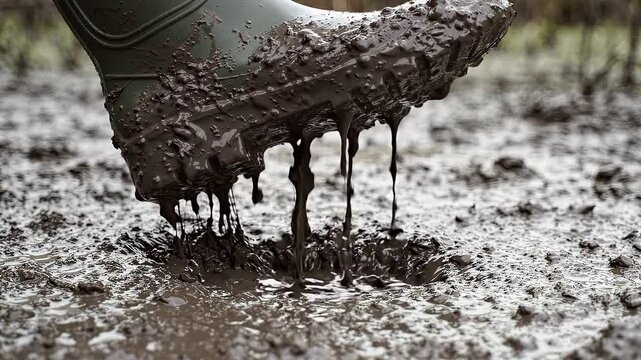 Rubber boot stepping and lifting from thick sticky mud with dripping sludge. Close up slow motion sequence of muddy footwear in wet swamp puddle outdoor adventure concept