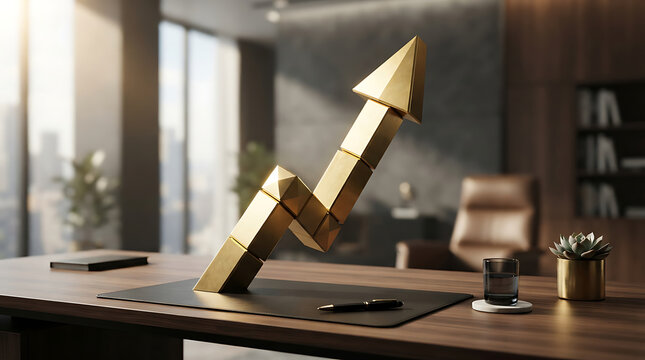 Golden arrow graph rising on a wooden desk in modern office