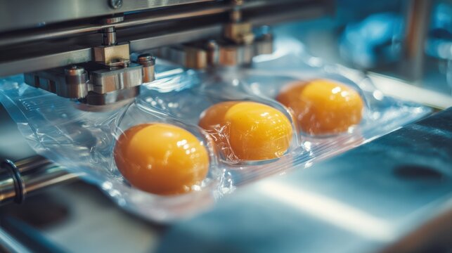 Boiled Eggs Pack Three egg yolks sealed in plastic packaging on an automated production line machine.
