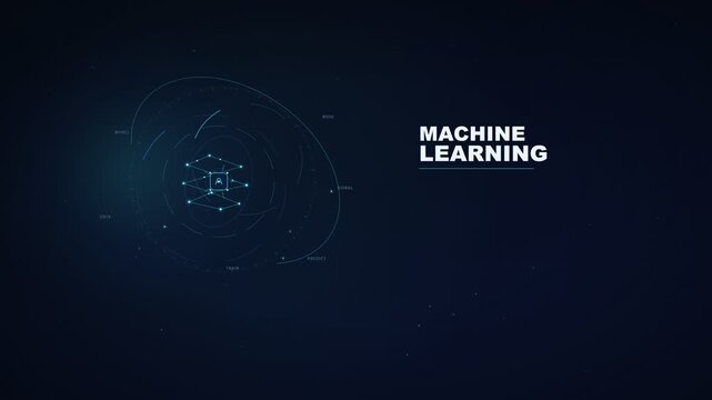 Dark futuristic technology motion graphic displaying a neural network sphere with text "MACHINE LEARNING" and node labels including data, model, train, signal, and predict
