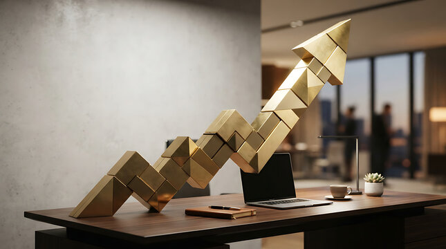 Golden arrow graph rising on a wooden desk in modern office