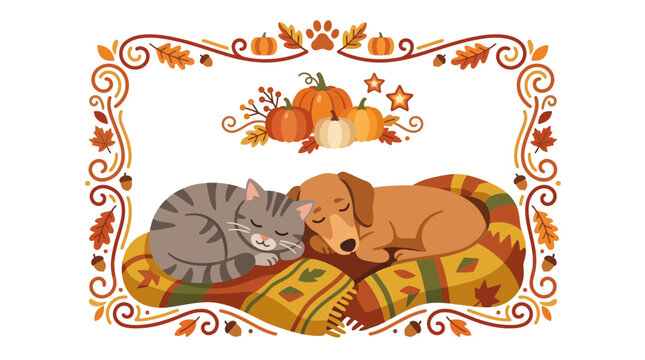 Cute cat and dog sleeping together in autumn frame