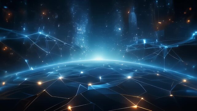A digital globe connected by glowing lines of light against a starry background.