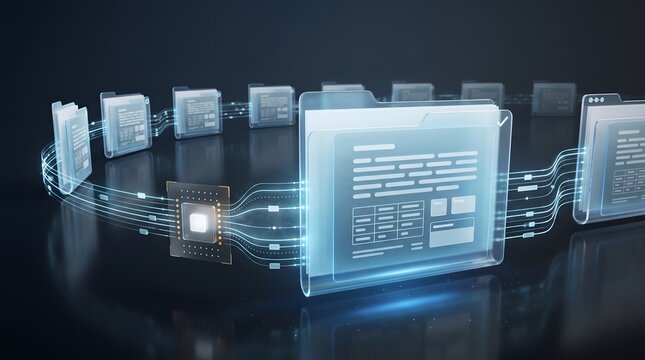 Electronic document management system showing glowing digital folders connected to central computer microchip