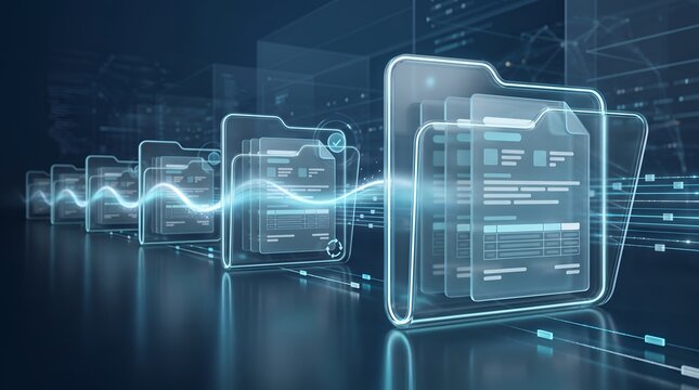 Data synchronization and digital file transfer concept featuring glowing document folders connecting to microchip