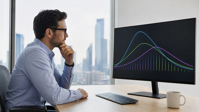 Thoughtful Businessman Analyzing Financial Data Graphs on Computer Mon