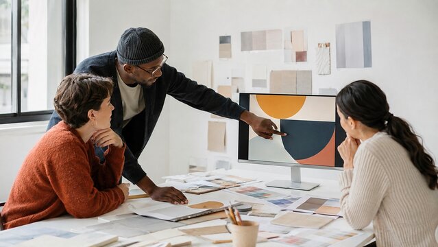 Creative Design Team Collaborating on Modern Digital Project in Studio