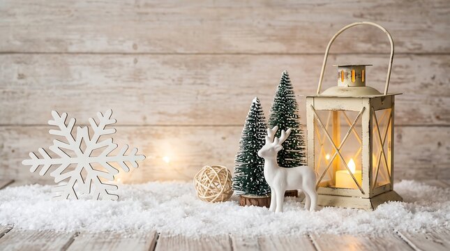 Christmas lantern with deer figure and small pine trees on a snowy wooden table with a large decorative snowflake