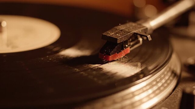 Close up of turntable stylus needle on spinning vinyl record. Retro audio player playing music with analog sound and nostalgia concept