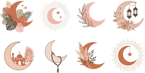 Boho Ramadan Crescent Moon Vector Set Featuring Islamic Lanterns Mosque Palm Leaves Misbaha Prayer Beads and Mystical Sunburst Elements for Eid Graphic Designs.eps © MSTSumaiya