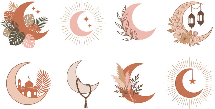 Boho Ramadan Crescent Moon Vector Set Featuring Islamic Lanterns Mosque Palm Leaves Misbaha Prayer Beads and Mystical Sunburst Elements for Eid Graphic Designs.eps