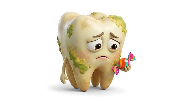 Sad 3D decayed tooth character holding a flower isolated on white