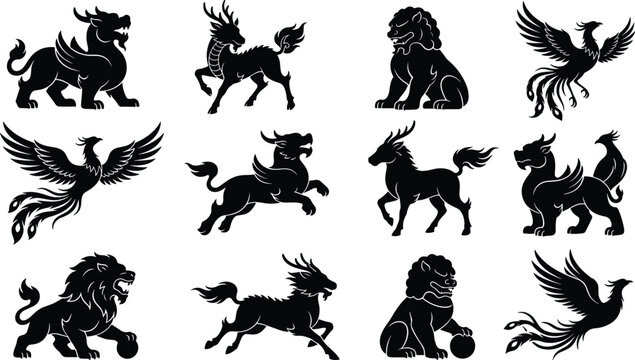 Traditional Asian Mythological Creatures Silhouette Vector Set Featuring Dragon Qilin Phoenix and Guardian Lion