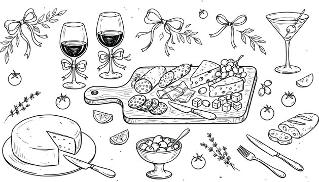 Hand drawn charcuterie board sketch set with wine glasses cheese platter salami grapes baguette and romantic bows isolated on white background