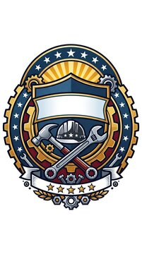 Industrial emblem badge with crossed wrenches hammer gear and empty banner ribbon concept vector illustration
