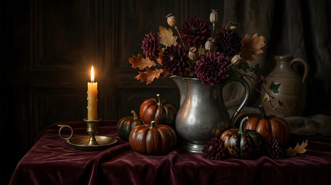 A beautifully arranged still life painting featuring a lit candle ornate silver pitcher various fruits and antique vessels evoking a sense of warmth and timeless