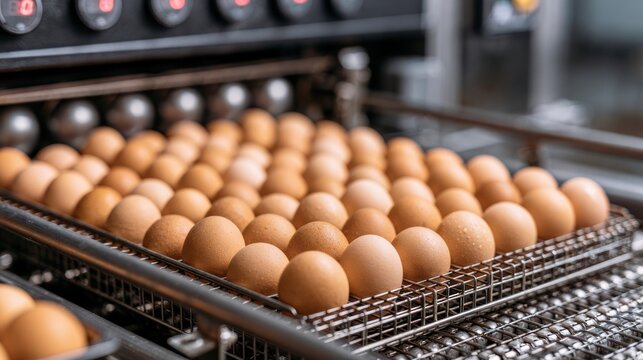 Multiple brown eggs arranged neatly on a metal conveyor belt inside an automated egg processing machine.