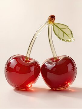 Two elegant cherries made from transparent inflated plastic, perfectly rounded translucent red fruits connected by delicate curved stems and a small leaf, realistic wrinkles and glossy reflections