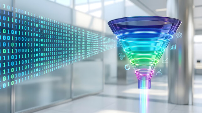 Digital data flowing into a stylized funnel, representing data processing and analysis. The funnel displays a spectrum of colors.