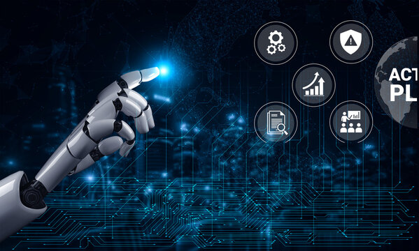 A robotic hand points towards a range of digital icons, symbolizing the intersection of technology and business in a modern high-tech landscape aimed at innovation. Ledger