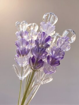 A delicate bundle of lavender flowers recreated from transparent inflatable plastic, many tiny inflated flower clusters attached to slender stems, realistic wrinkles and subtle glossy highlights